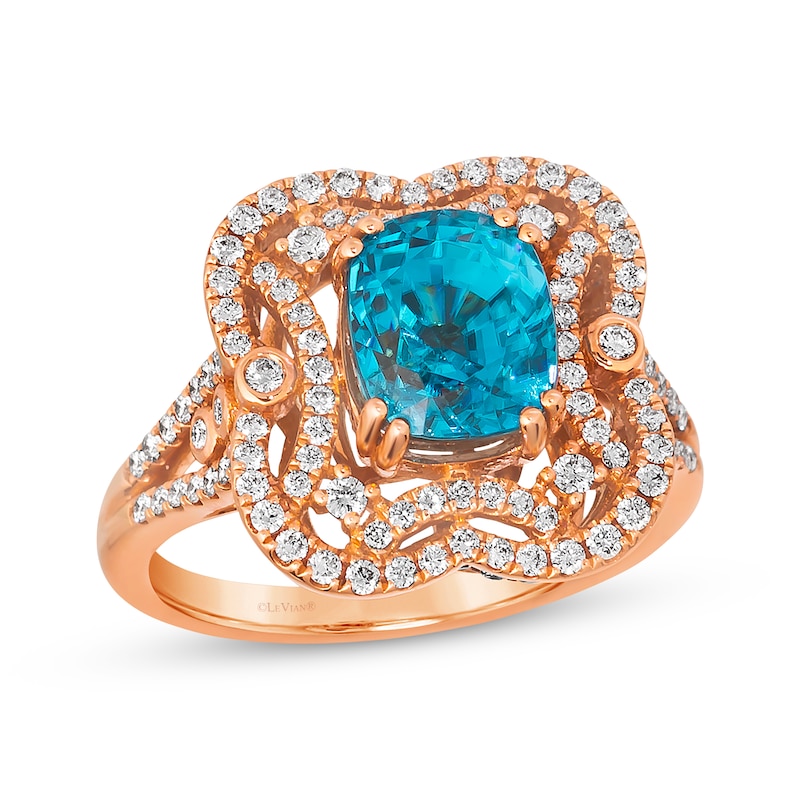 Le Vian Couture Blue Zircon Ring 3/4 ct tw Diamonds Strawberry Gold Plated