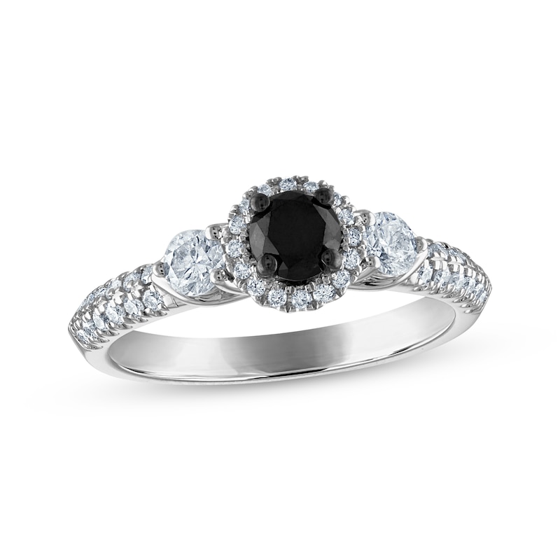 Round-Cut Black & White Diamond Three-Stone Halo Engagement Ring 1 ct tw White Gold Plated