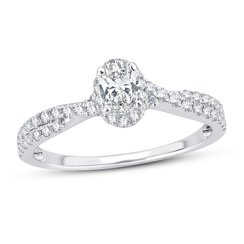Diamond Engagement Ring 3/4 ct tw Oval & Round White Gold Plated