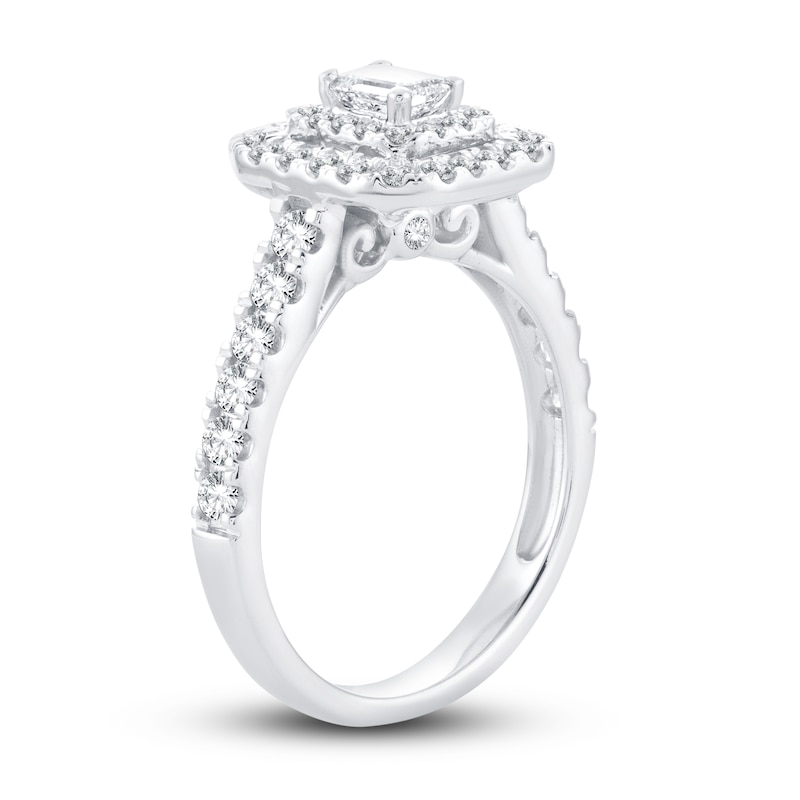 Diamond Engagement Ring 1 ct tw Emerald & Round-cut White Gold Plated