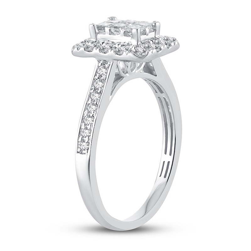Diamond Engagement Ring 7/8 ct tw Princess & Round White Gold Plated