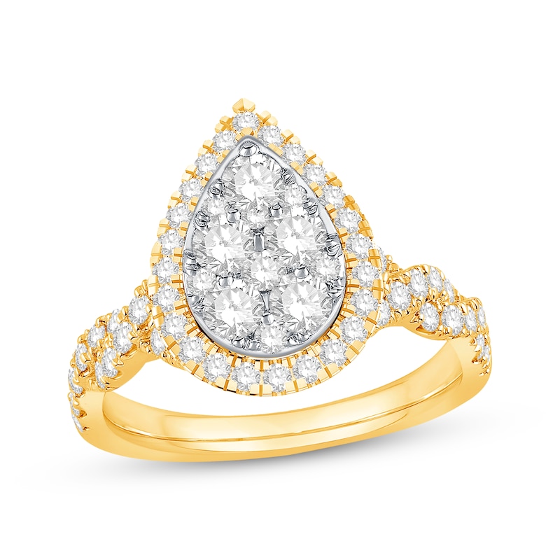 Multi-Diamond Center Pear Frame Engagement Ring 1-1/2 ct tw Two-Tone Gold Plated