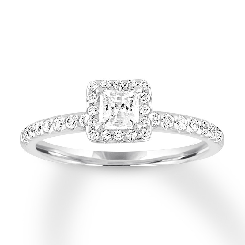 Diamond Engagement Ring 5/8 ct tw Princess & Round White Gold Plated