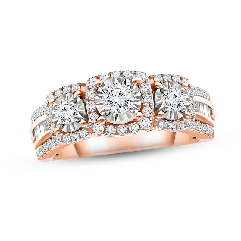 Three-Stone Diamond Engagement Ring 1 ct tw Round & Baguette-cut Rose Gold Plated