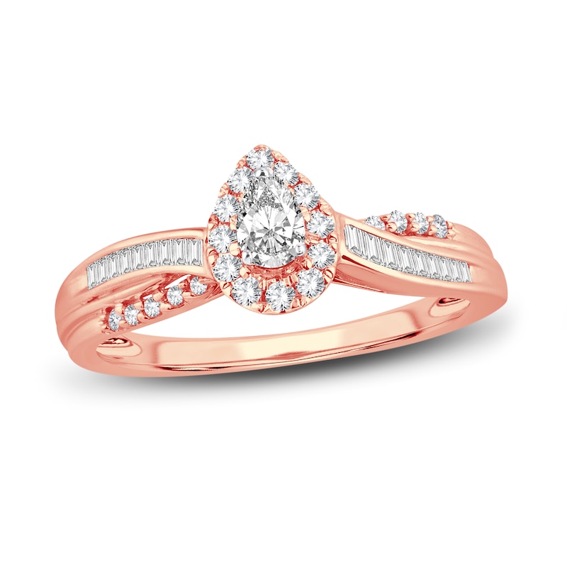 Diamond Engagement Ring 3/8 ct tw Pear, Baguette & Round Rose Gold Plated
