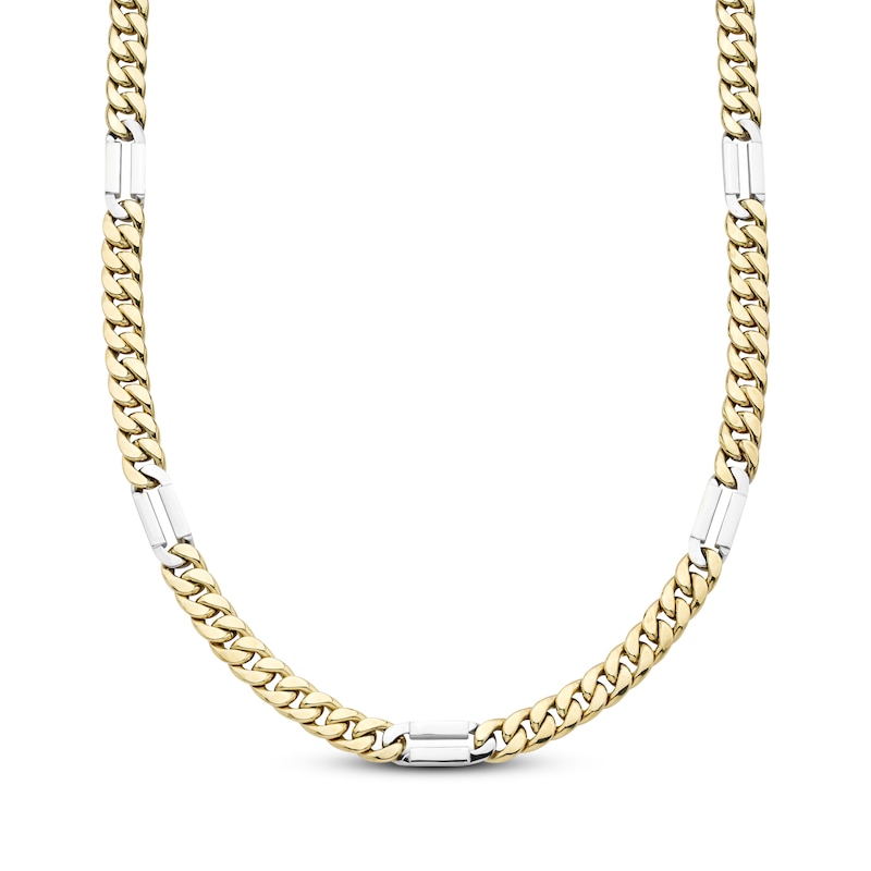 Semi-Solid Curb Chain Station Necklace Two-Tone Gold Plated 22"