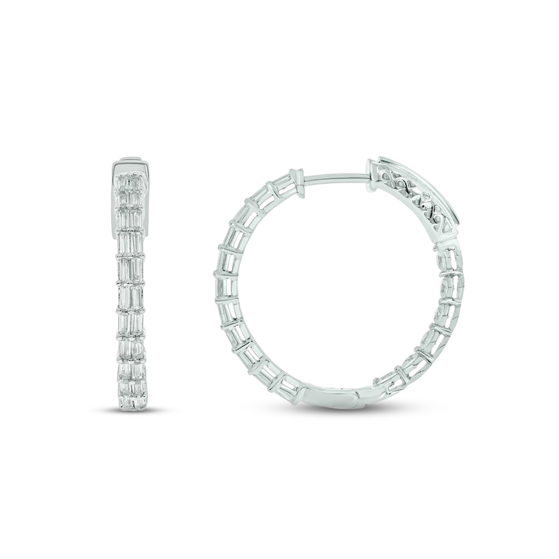 Diamond Hoop Earrings 1 ct tw Baguette & Round-cut White Gold Plated