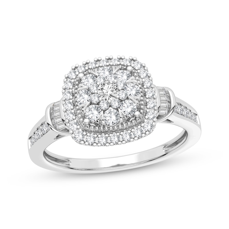 Multi-Diamond Center Cushion Engagement Ring 3/8 ct tw Round & Baguette-cut White Gold Plated