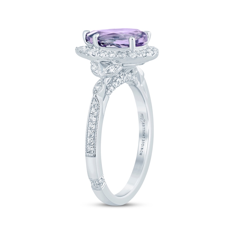 Monique Lhuillier Bliss Pear-Shaped Light Amethyst & Diamond Halo Engagement Ring 3/8 ct tw White Gold Plated