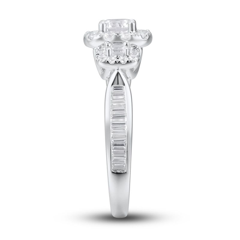 Diamond Engagement Ring 1-1/4 ct tw Round & Baguette White Gold Plated