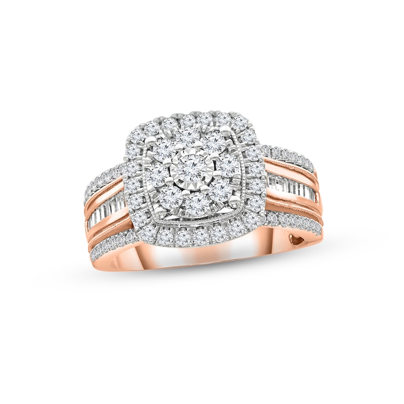 Multi-Diamond Engagement Ring 1 ct tw Round & Baguette-cut Rose Gold Plated