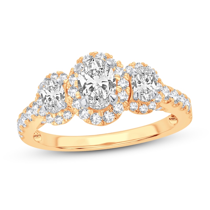 Three Stone Diamond Engagement Ring 1-3/4 ct tw Oval & Round Yellow Gold Plated
