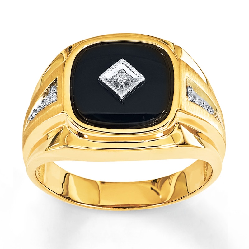 Men's Black Onyx Ring Diamond Accents Yellow Gold Plated