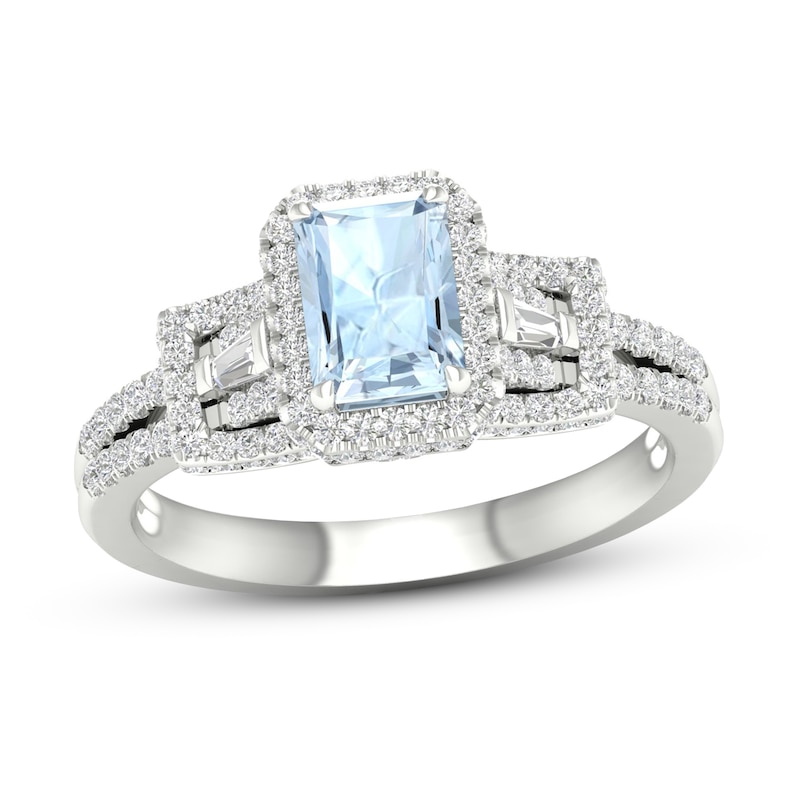 Aquamarine & Diamond Engagement Ring 1/2 ct tw Emerald, Round & Baguette-cut White Gold Plated