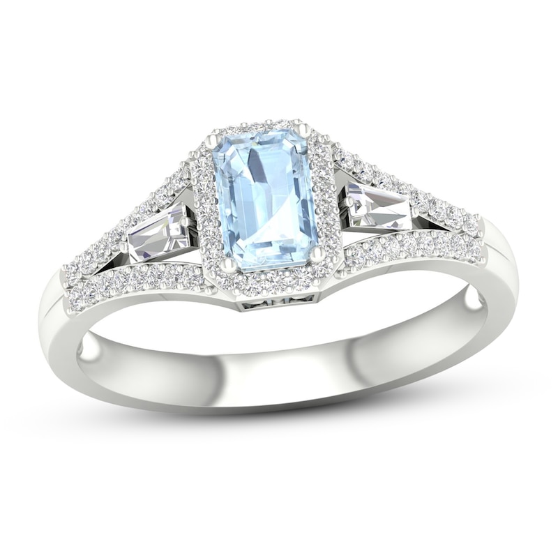 Diamond & Aquamarine Engagement Ring 1/4 ct tw Emerald, Baguette & Round-cut White Gold Plated