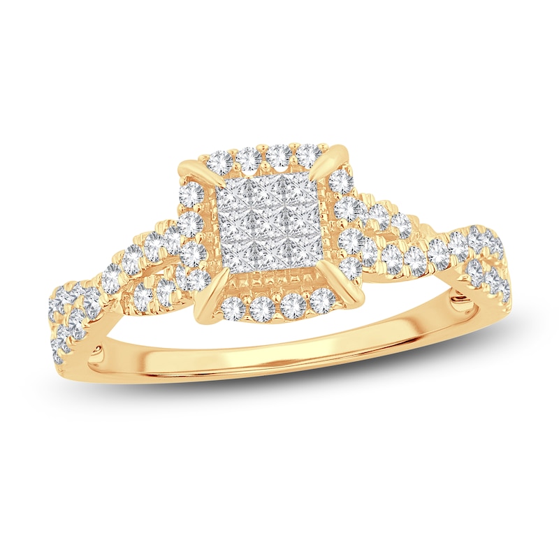 Multi-Diamond Engagement Ring 1/2 ct tw Princess & Round Yellow Gold Plated