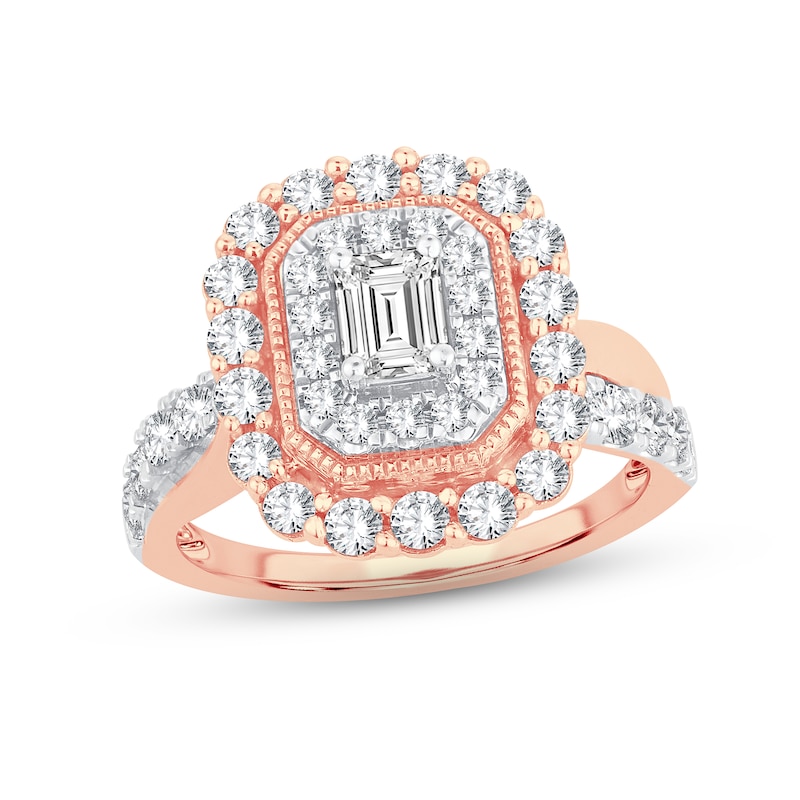 Diamond Engagement Ring 1-1/2 ct tw Emerald & Round-cut Rose Gold Plated