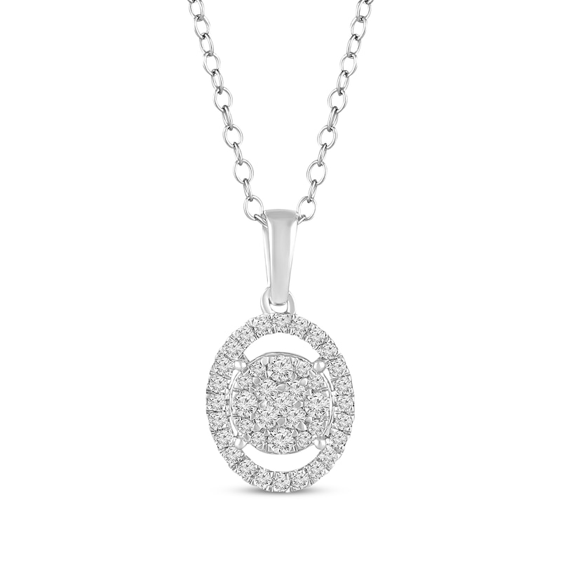 Multi-Diamond Center Oval Halo Necklace 1/3 ct tw White Gold Plated 18"