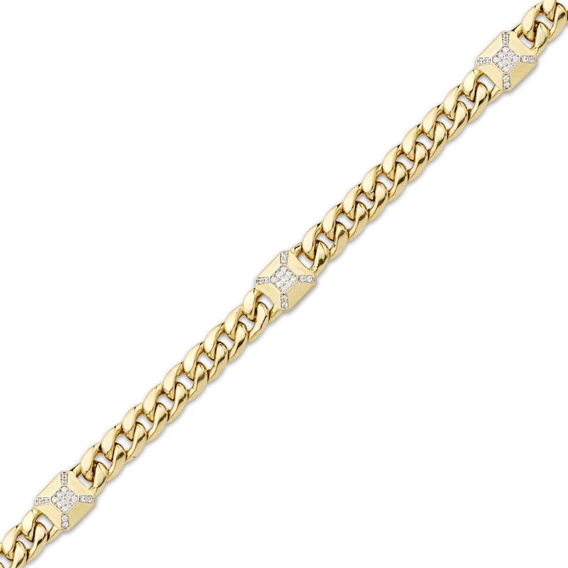 Men's Diamond Station Solid Cuban Curb Chain Bracelet 1/4 ct tw Yellow Gold Plated 8.5"
