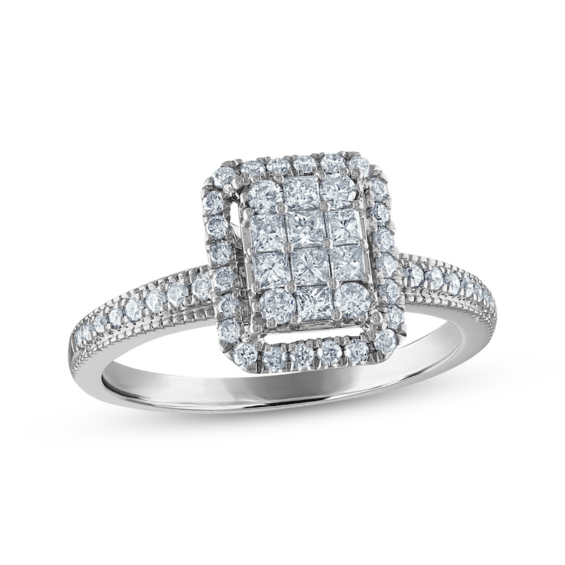 Princess & Round-Cut Multi-Diamond Center Elongated Cushion Frame Engagement Ring 1/2 ct tw White Gold Plated