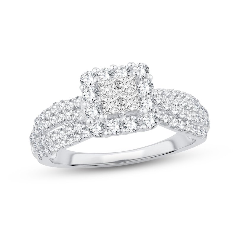 Multi-Diamond Engagement Ring 1 ct tw Princess & Round White Gold Plated