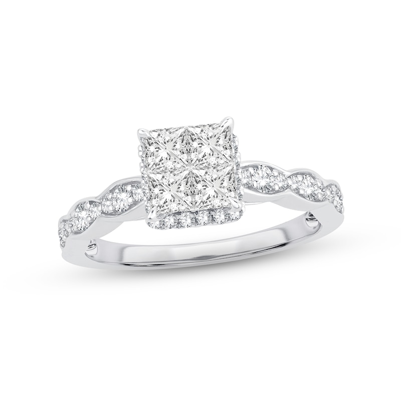 Multi-Diamond Engagement Ring 1 ct tw Princess & Round-cut White Gold Plated