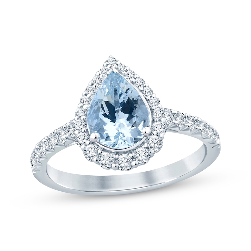 Aquamarine & Diamond Engagement Ring 1/2 ct tw Pear & Round-cut White Gold Plated