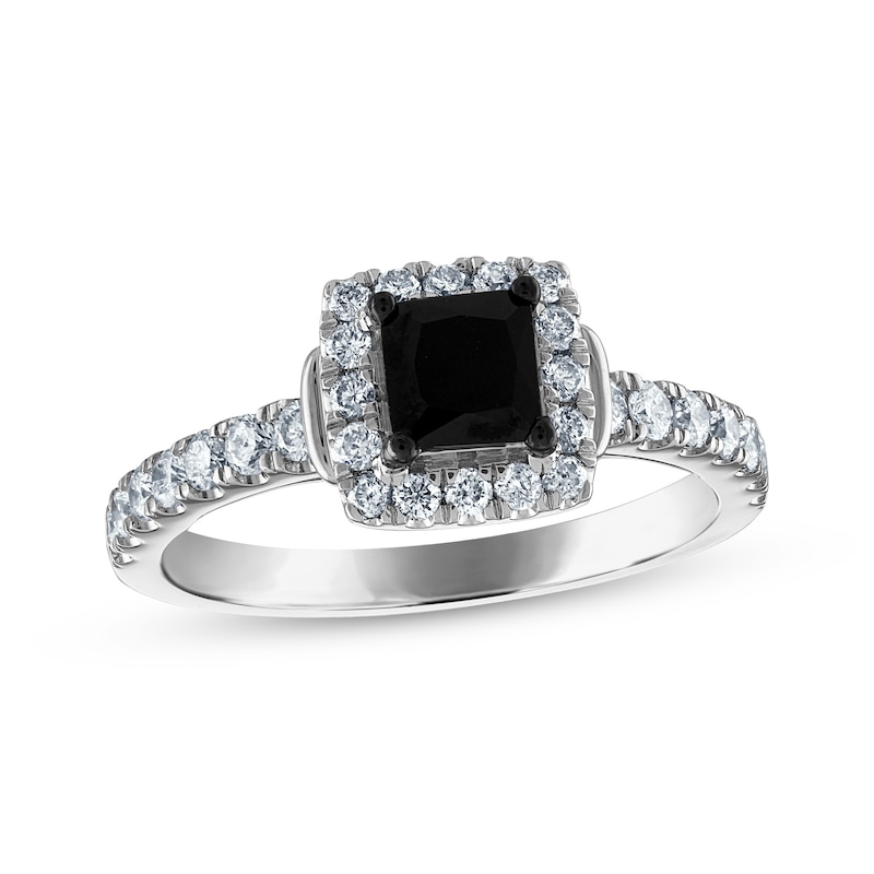 Princess-Cut Black Diamond & Round-Cut White Diamond Engagement Ring 1-1/5 ct tw White Gold Plated