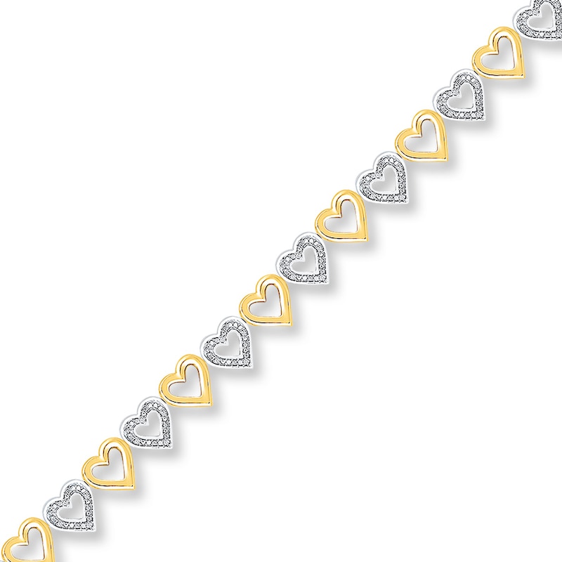 Diamond Hearts Bracelet 1/8 carat tw Silver Plated & Yellow Gold Plated 7.5"