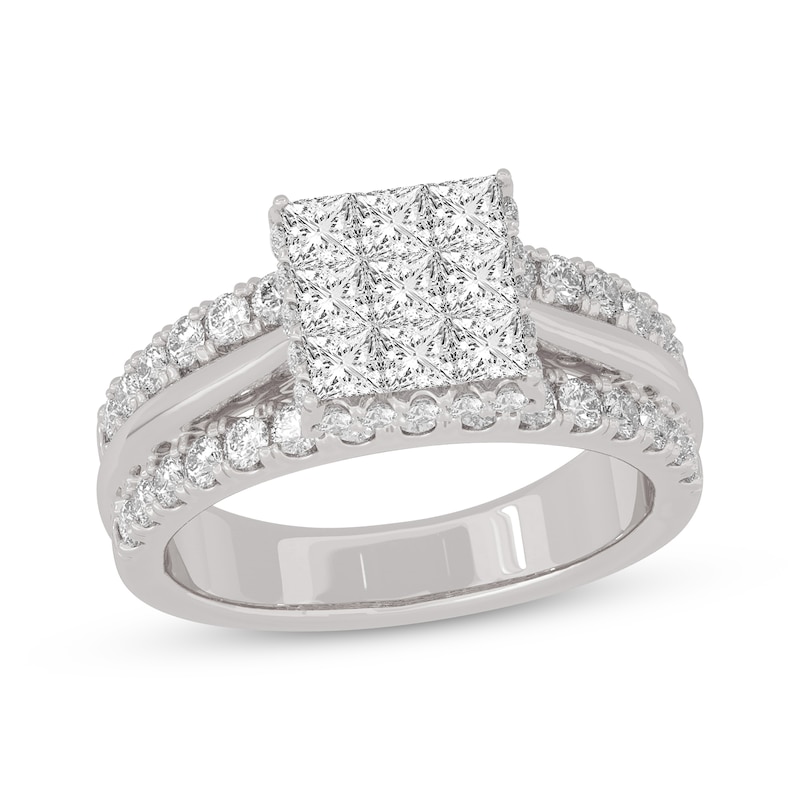 Princess & Round-Cut Multi-Diamond Center Engagement Ring 2 ct tw White Gold Plated