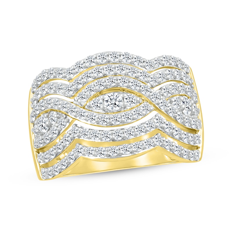 Round-Cut Diamond Six-Row Crossover Ring 1-1/4 ct tw Yellow Gold Plated
