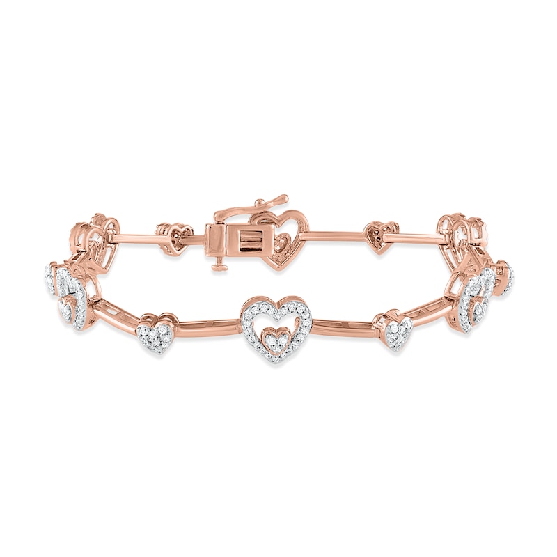 Diamond Heart Link Bar Bracelet 1 ct tw Round-cut Rose Gold Plated 7"