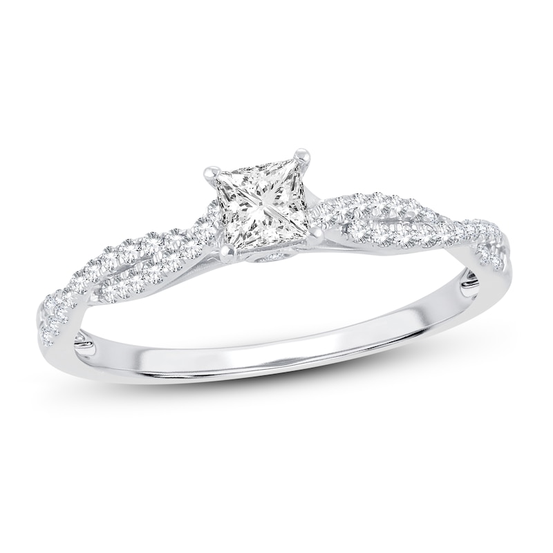 Diamond Engagement Ring 1/2 ct tw Princess & Round White Gold Plated