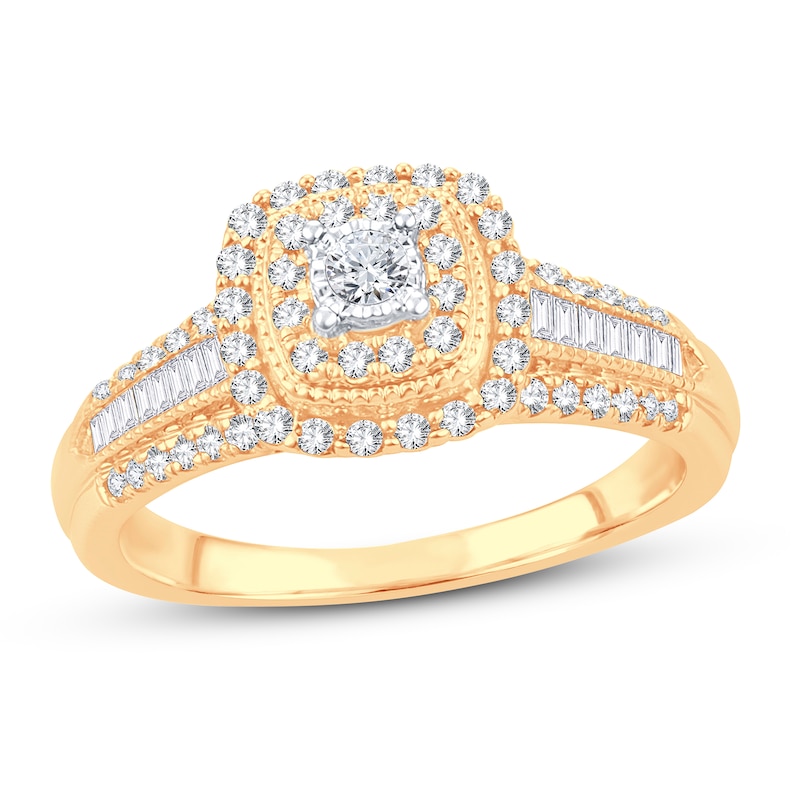 Diamond Engagement Ring 1/2 ct tw Round & Baguette Yellow Gold Plated