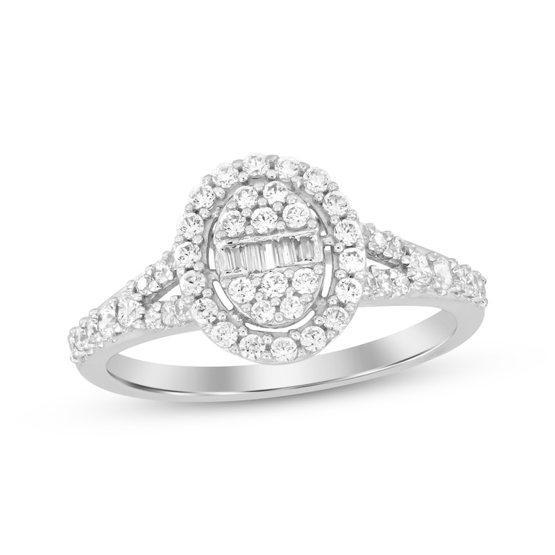 Baguette & Round-Cut Multi-Diamond Center Oval Frame Engagement Ring 1/2 ct tw White Gold Plated
