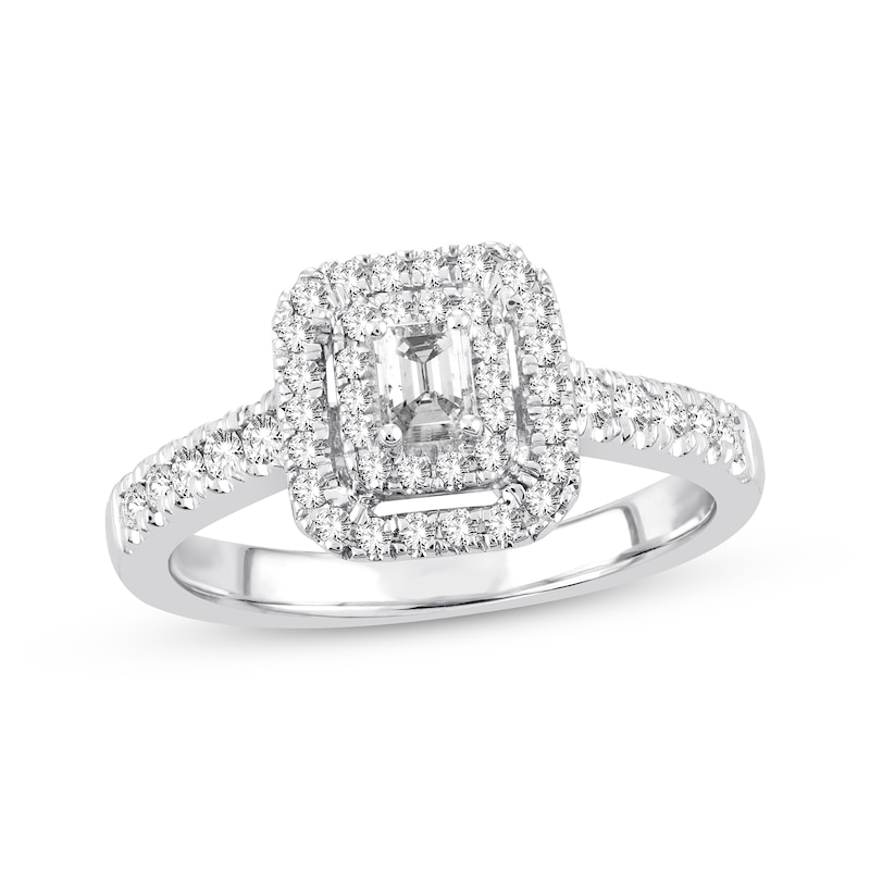 Diamond Engagement Ring 1/2 ct tw Emerald & Round-cut White Gold Plated