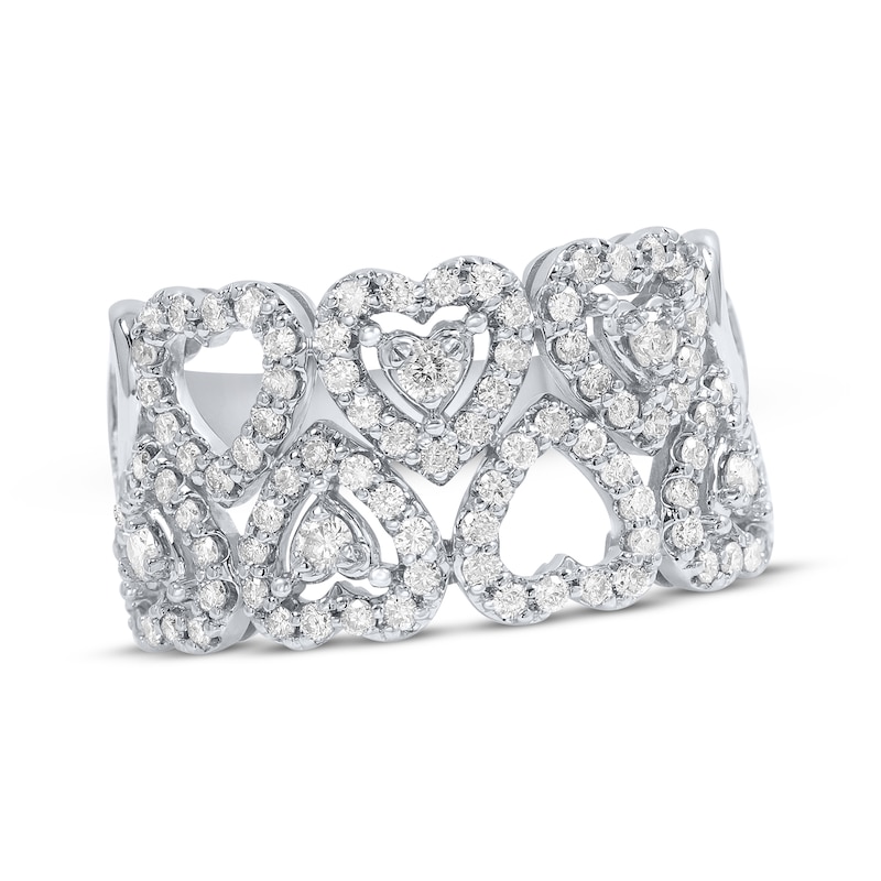 Diamond Alternating Hearts Ring 1 ct tw White Gold Plated
