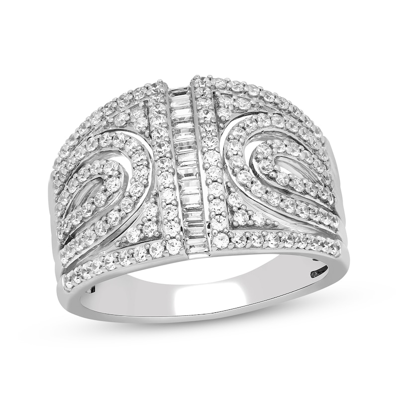 Baguette & Round-Cut Diamond Curved Row Ring 1 ct tw White Gold Plated