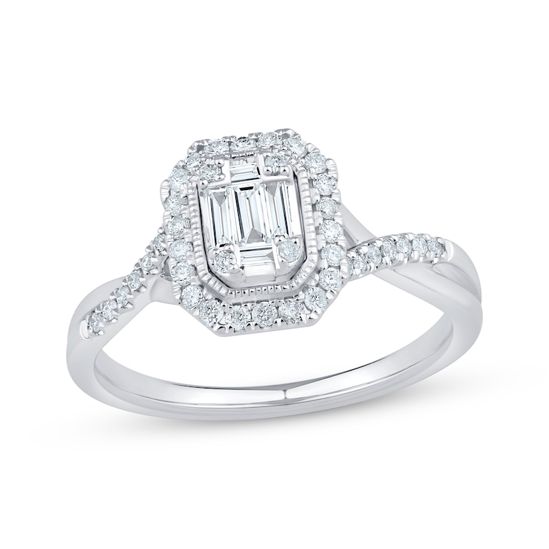 Baguette & Round-Cut Multi-Diamond Center Engagement Ring 1/3 ct tw White Gold Plated