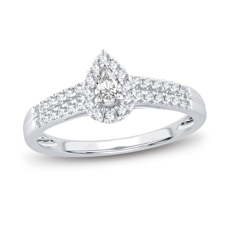 Diamond Engagement Ring 3/8 ct tw Pear & Round White Gold Plated