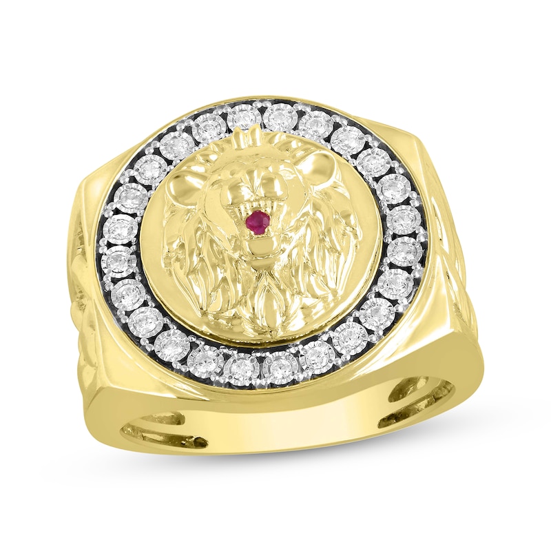 Men's Diamond & Lab-Created Ruby Lion Ring 1/4 ct tw Round-Cut Yellow Gold Plated