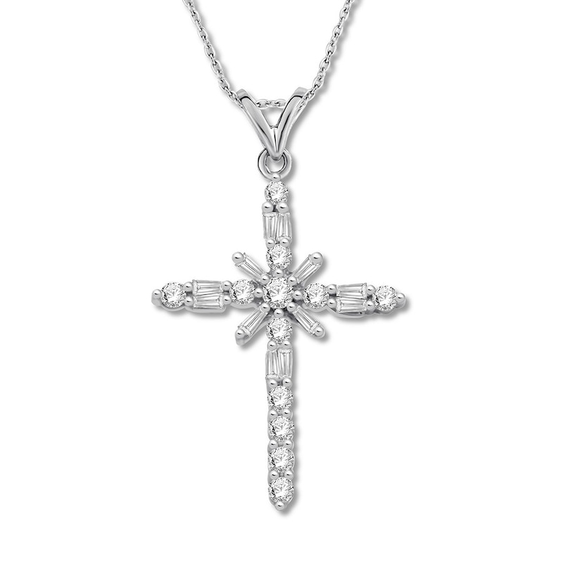 Diamond Cross Necklace 1/2 ct tw Round & Baguette White Gold Plated 17"