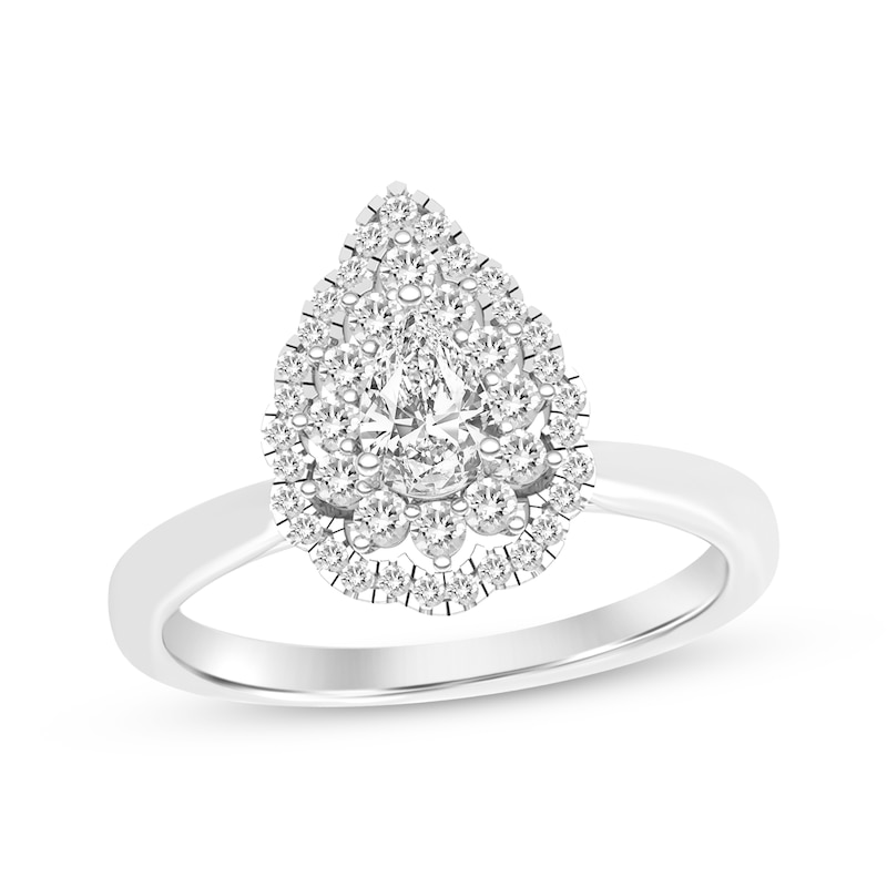 Pear-Shaped & Round-Cut Multi-Diamond Center Scalloped Engagement Ring 7/8 ct tw White Gold Plated
