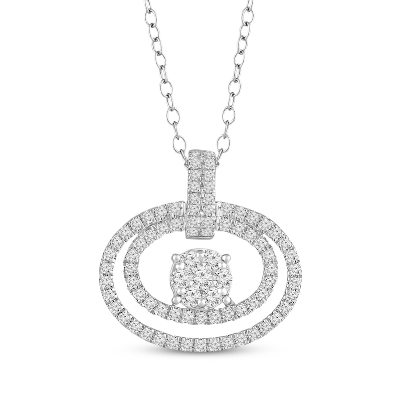 Multi-Diamond Center Double Oval Frame Necklace 1/2 ct tw White Gold Plated 18"