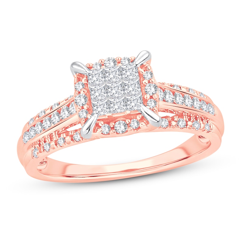 Multi-Diamond Engagement Ring 1/2 ct tw Princess & Round Rose Gold Plated