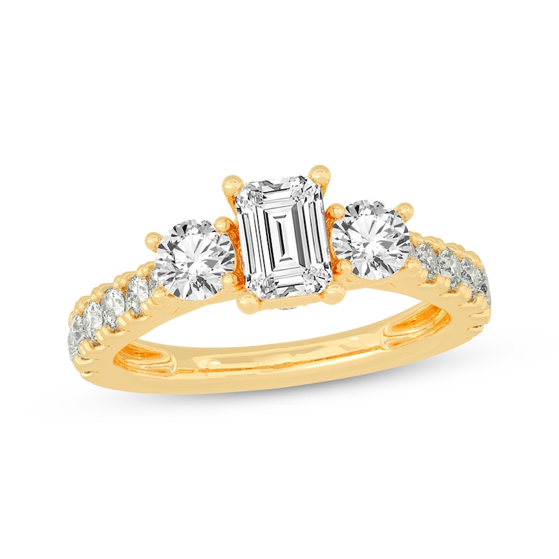 Emerald & Round-Cut Three-Stone Diamond Engagement Ring 2 ct tw Yellow Gold Plated