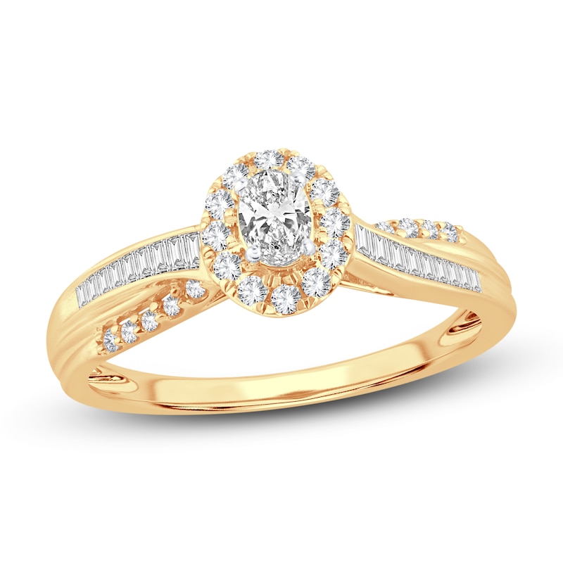Diamond Engagement Ring 3/8 ct tw Oval, Baguette & Round Yellow Gold Plated