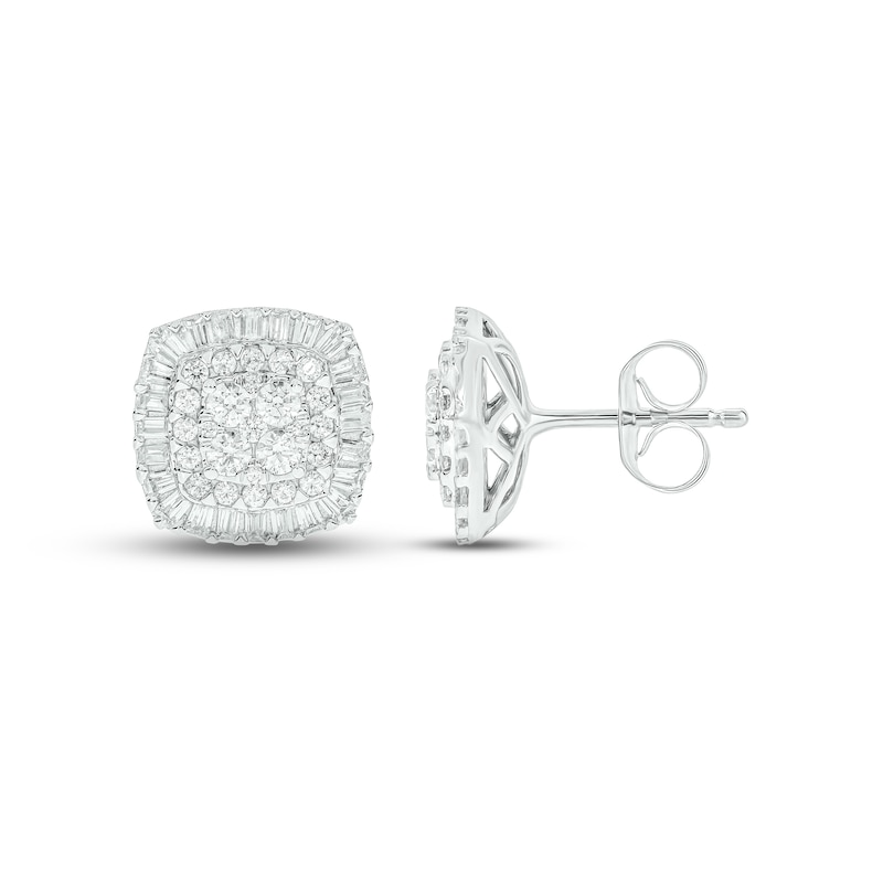 Diamond Cushion Earrings 1 ct tw Round & Baguette-cut White Gold Plated