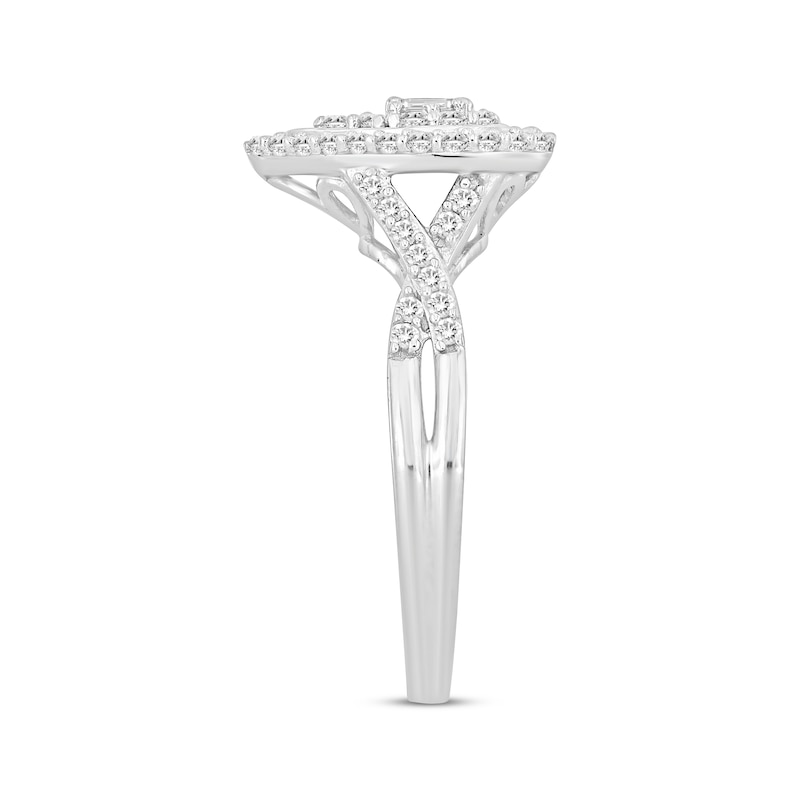 Baguette & Round-Cut Multi-Diamond Center Pear Frame Engagement Ring 3/8 ct tw White Gold Plated