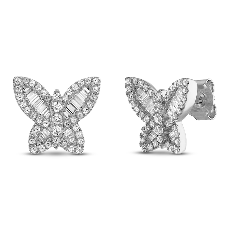 Diamond Butterfly Earrings 5/8 ct tw Round & Baguette White Gold Plated